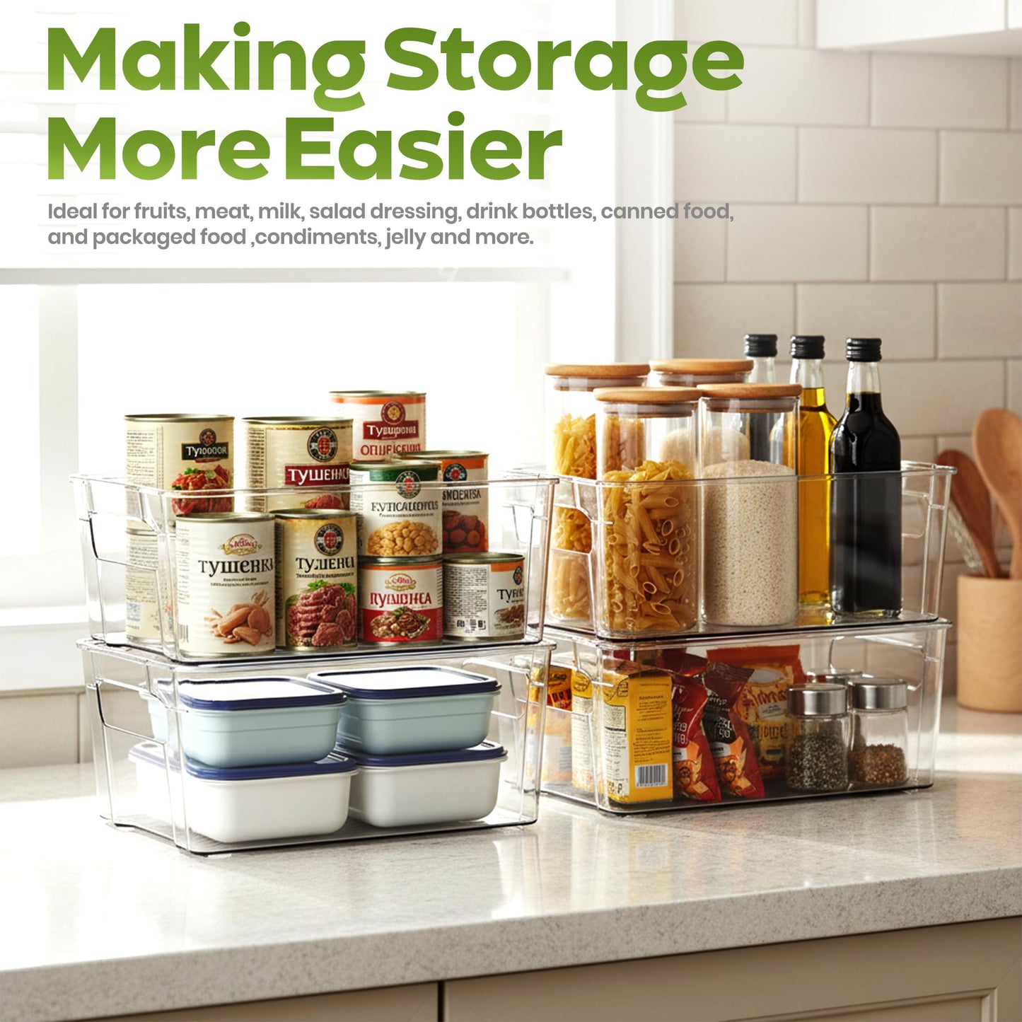 Utopia Home - Fridge & Refrigerator Organizer Bins (8 Pack), Clear Stackable Durable Plastic Storage Containers with Easy Grip Handles for Pantry, Kitchen Cabinets & Countertops