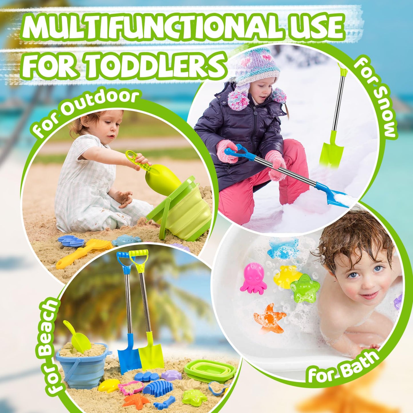 FUNWEGOT Beach Sand Toys Set Includes Collapsible Buckets 2 Big Size Sand Shovels, Rake, Animal Sand Molds Toys with Mesh Bag, Sandbox Kit for Kids Age 3+(22 PCS)