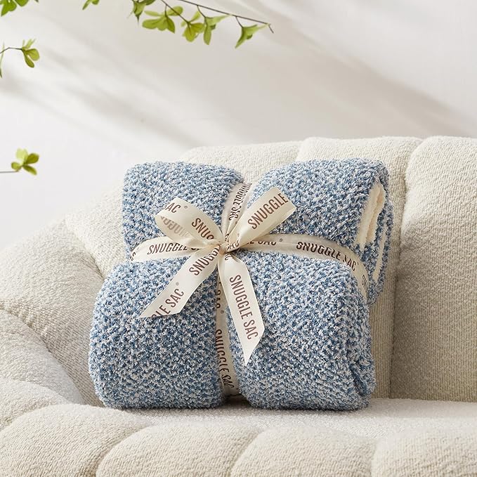 Snuggle Sac Queen Size Bed Blanket Heather Blue, Reversible Super Soft Microfiber Blankets Warm Cozy Knit Fuzzy Plush Bed Blankets, Blue, Queen 90x90