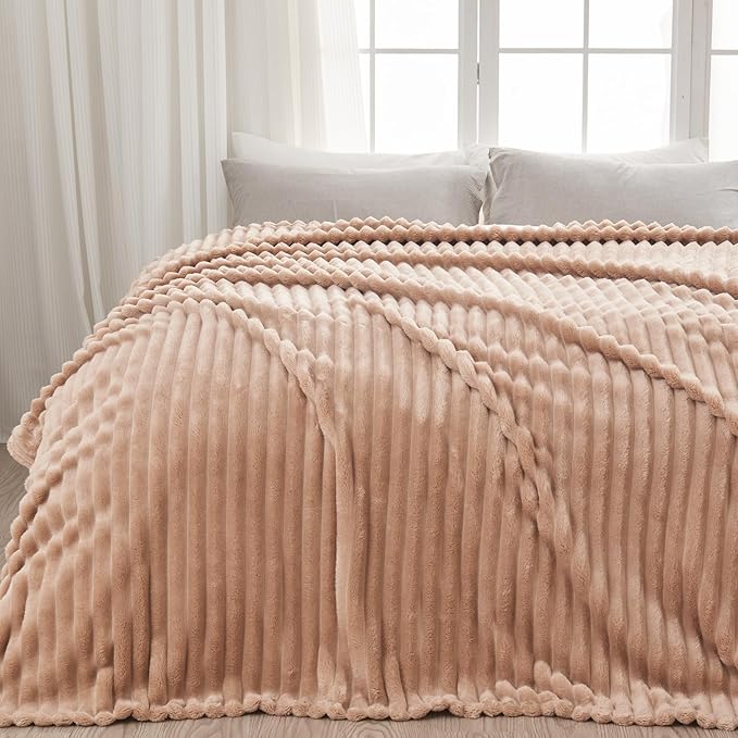 NEWCOSPLAY Super Soft Twin Blanket Taupe Premium Silky Flannel Fleece 3D Ribbed Jacquard Lightweight Bed Blanket All Season Use (Taupe Ribbed, Twin(60"x80"))