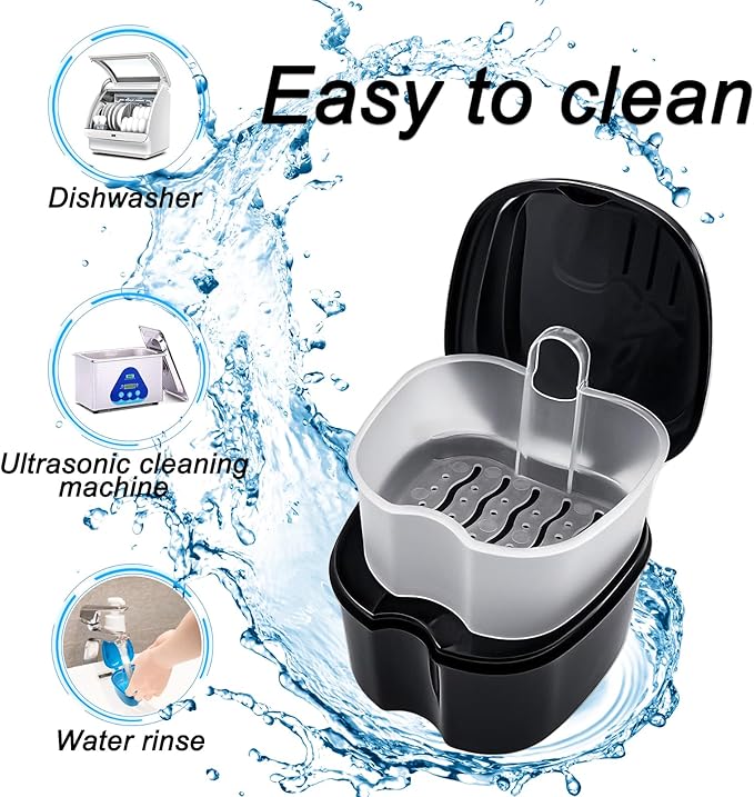 2 Pack Travel Denture Bath Case Set Orthodontic Dental Box Case with Brush, Denture Soaking Cup False Teeth Retainer Container for Clear Braces, Mouth Guard, Night Guard