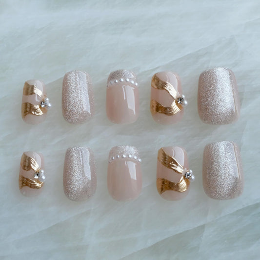 [GLORS] Purely Handmade Press On Nails | Elegant French Pink Pearl Gold Fake False Nail | Salon Quality in Short Square shape, 10 pieces (XS, SS)