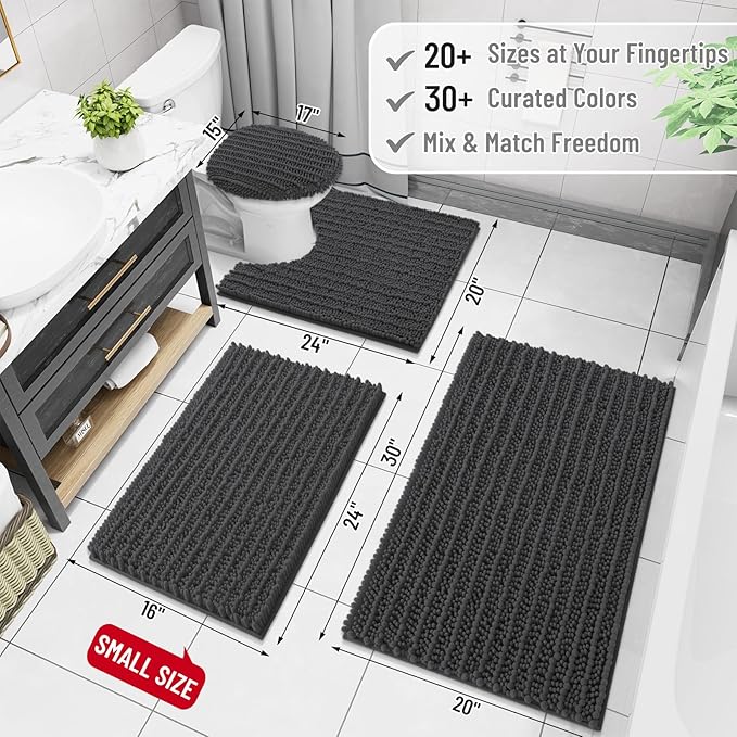 Arotive Luxury Chenille Bathroom Rug Mat, Extra Soft Thick Absorbent Shaggy Bath Rugs, Non-Slip Machine Wash Dry, Plush Bath Mats for Bathroom, Shower and Tub, 44x24, Dark Grey