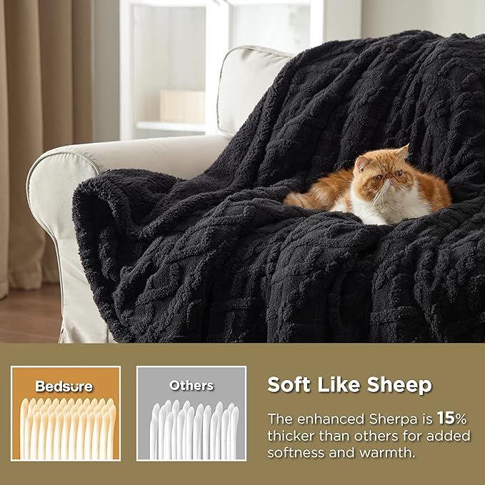 Bedsure Sherpa Queen Size Blanket for Bed - GentleSoft Fleece Fluffy & Cozy Cable Jacquard Tufted for Women Gift, Thick and Warm Blankets for Winter, Black, 90x90 Inches