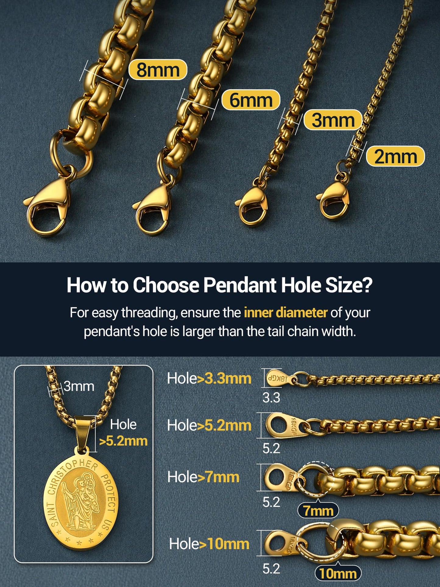 PROSTEEL Squre Rolo Link Chains, 18K Gold Chain Necklace Waterproof & Non Tarnish 3mm Stainless Steel Link Chains for Men and Women Jewelry with Gift Box 20in