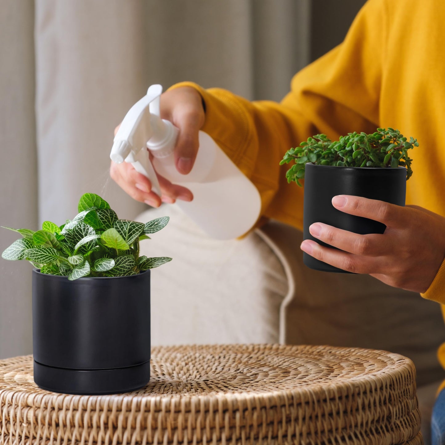 D'vine Dev 3.5 Inch & 4.7 Inch Ceramic Planter Pots for Plants with Drainage Hole and Saucer, X-Small Plant Pots Set, Black, 94-G-XS-2