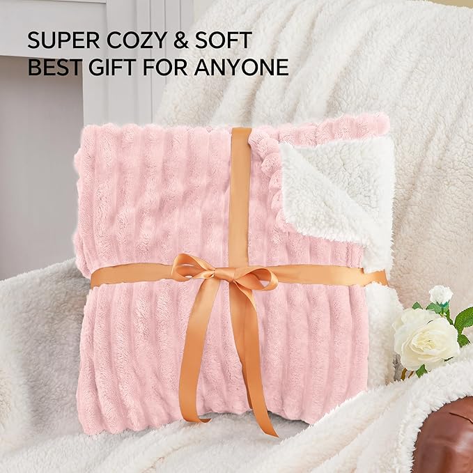 INFIIXSO Sherpa Throw Blanket for Couch - Super Soft & Warm Striped Fleece Blanket, Cozy Plush Fluffy Blanket All Season Use (Pink, 60x80 Inches)