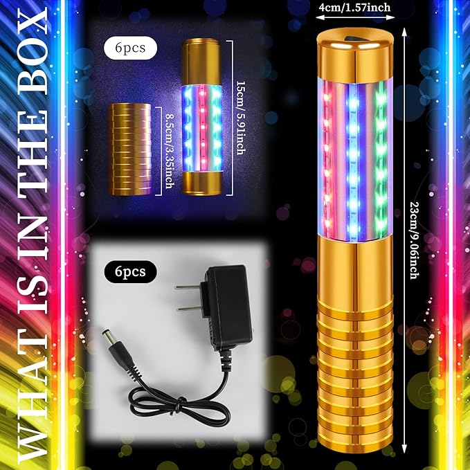6 Pieces RGB LED Strobe Baton Light Rechargeable Bottle Service Sparklers Stick Reusable Champagne Bottle Handheld LED for Club Stage Nightclub Party Concert Event Bar Outdoor - Gold