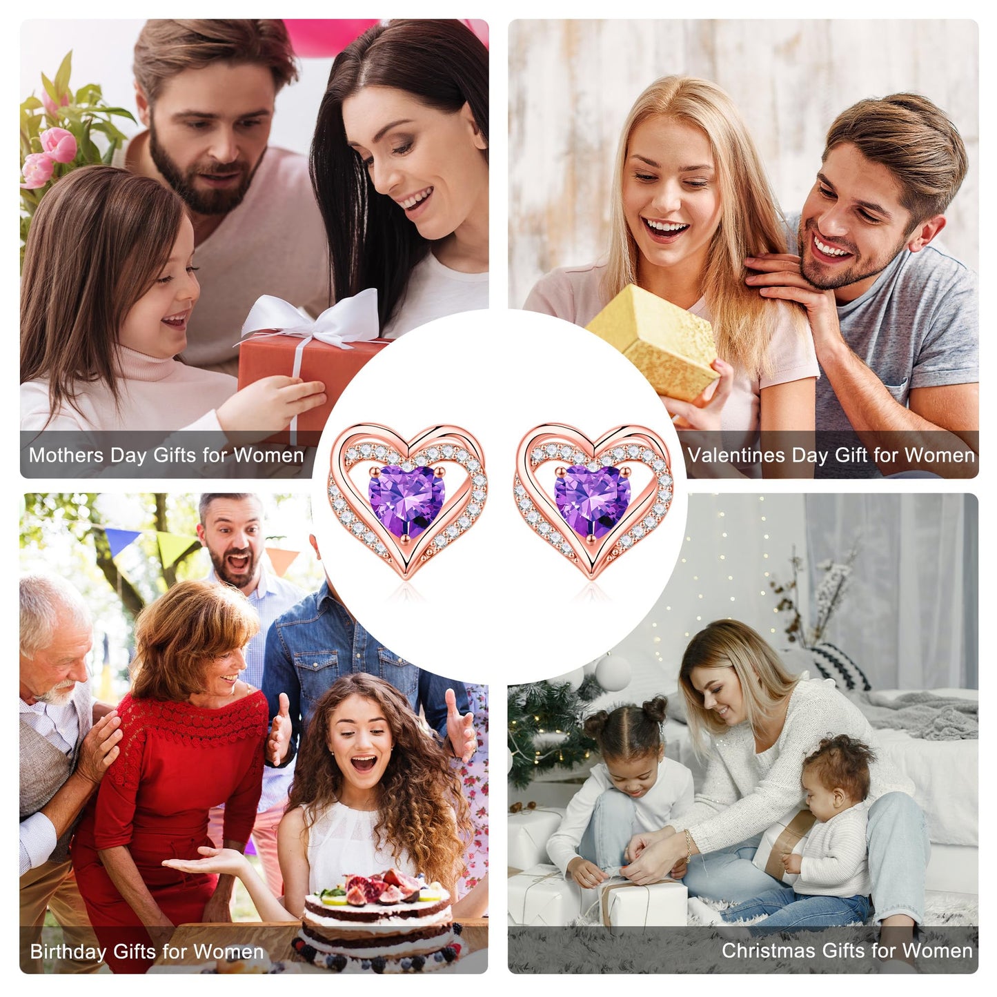 Iefil Rose-Gold-Plated Heart Earrings for Women, December Birthstone Blue Tanzanite Heart Stud Earrings for Women