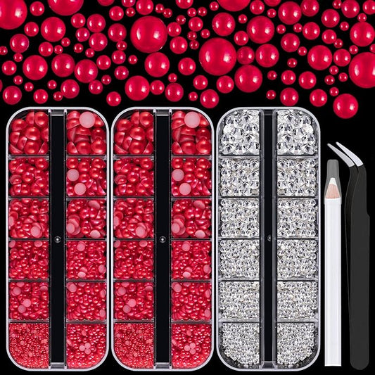 4000PCS Flatback Rhinestones and Half Round Pearls Kit #28, Multi Size Glass Clear Crystals, Plastic Flat Back Red Dome Bead with Pickup Pencil and Tweezer for Nail Art