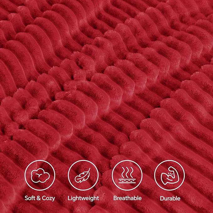 INFIIXSO Sherpa Fleece Queen Size Blanket - Super Soft & Warm Striped Fleece, Cozy Plush Fluffy Large Bed Blanket All Season Use (Red, 90x90 Inches)