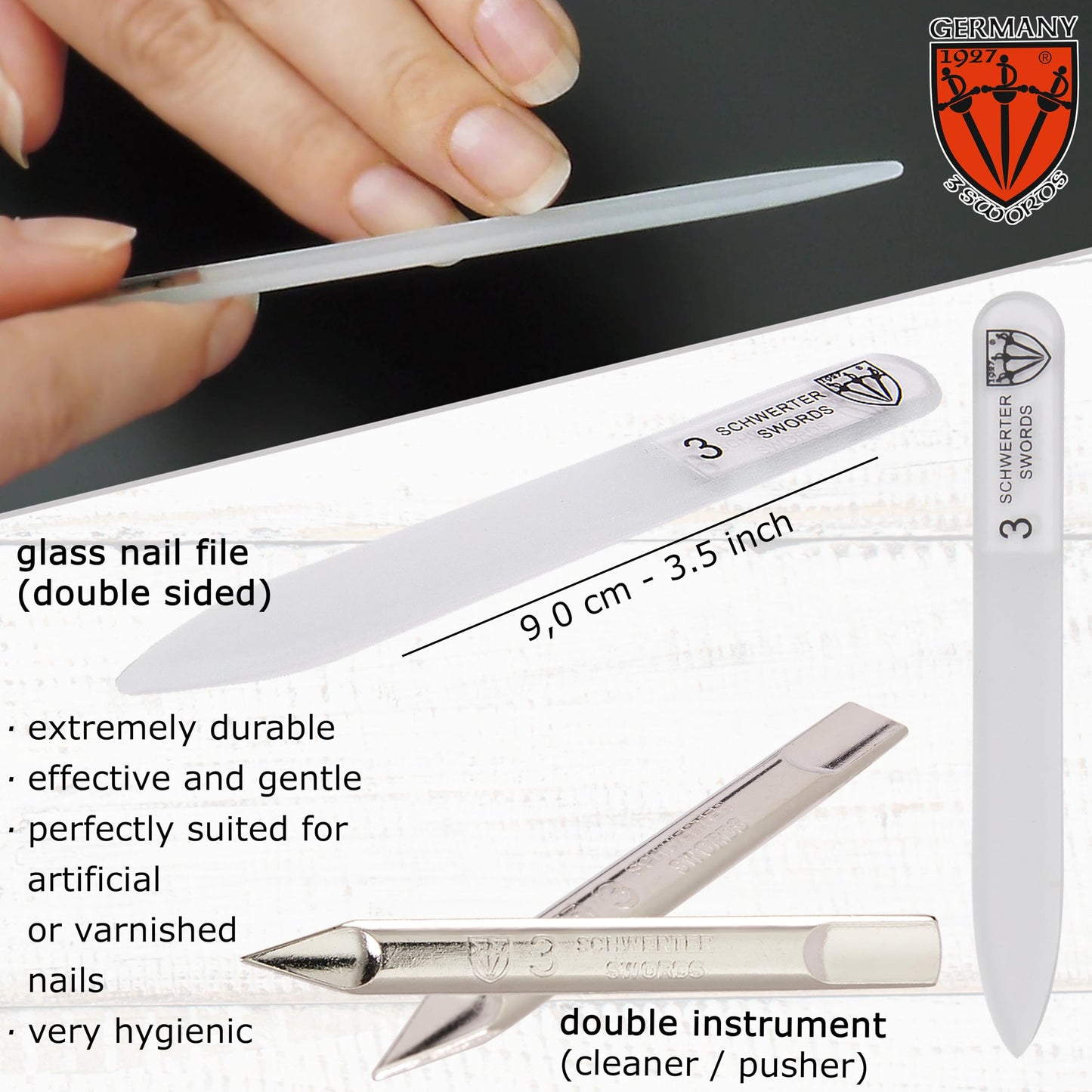 3 Swords Germany - Brand Quality 6 piece Manicure Pedicure Grooming kit Set - Scissors, Metal and Glass Nail File, Clipper, Tweezers with Synthetic Leather case - Ostrich