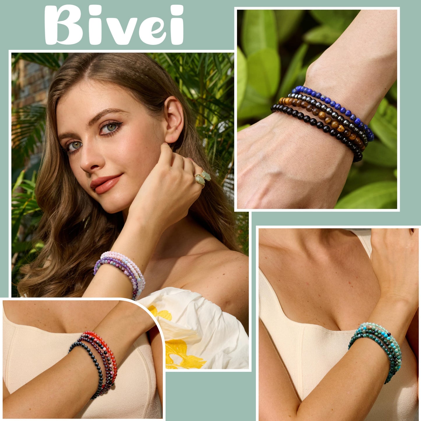 Bivei Moss Agate - Grounding - 4mm Beaded Bracelets for Women Handmade Semi Precious Natural Stone Stretch Elastic Jewelry Yoga Protection Gifts Small