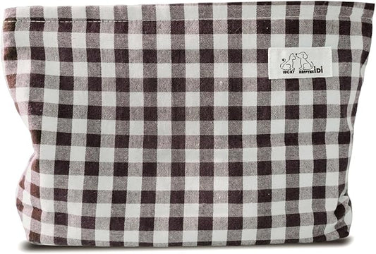 HAPPYHEIDI Brown Gingham Cotton Makeup Bag Cosmetic Travel Pouch Purse Organizer, Zipper Closure, Canvas Lined, Vintage Coffee Brown