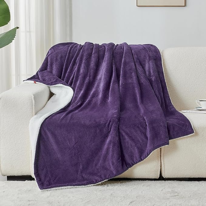 SOCHOW Waffle Sherpa Fleece Throw Blanket, Super Soft Fuzzy Warm, Lightweight Fluffy Reversible Plush Blanket for Bed Sofa Couch, 60 x 80 Inches Dark Purple