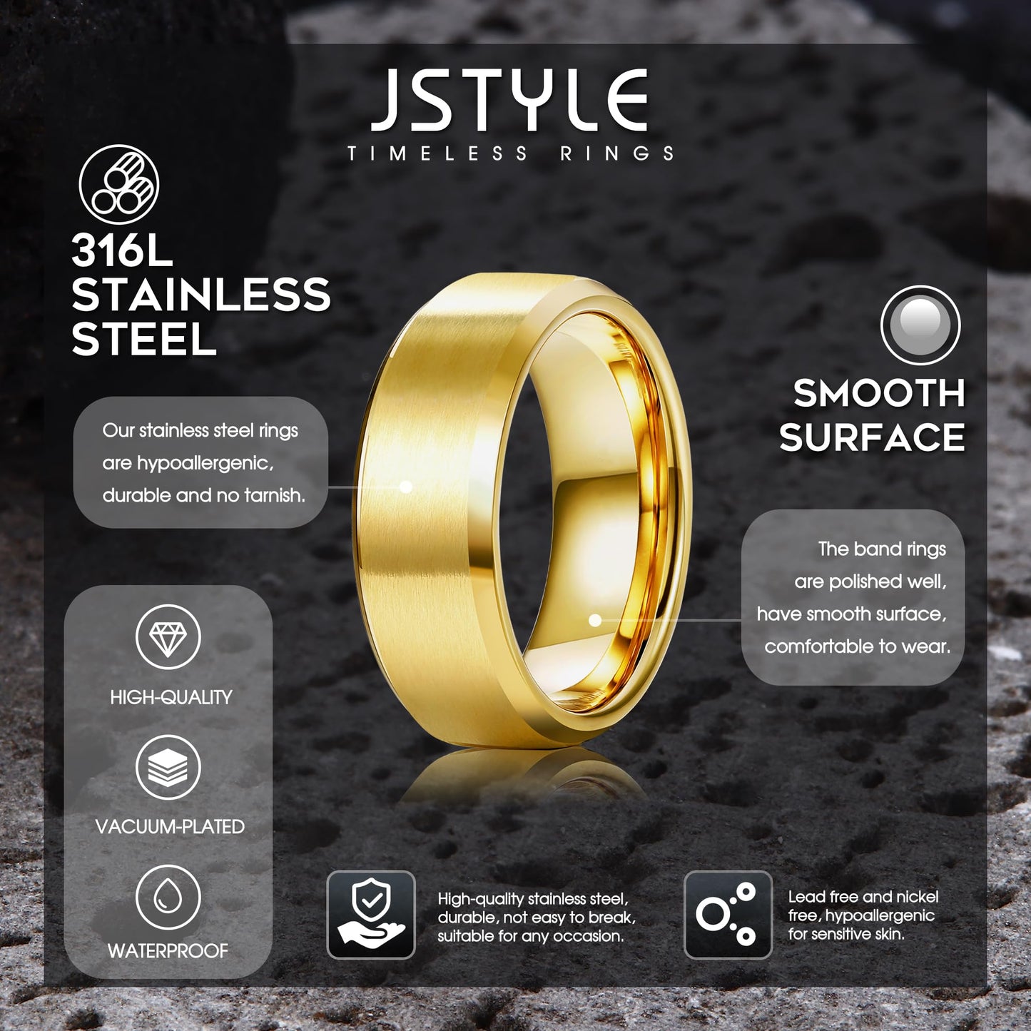 Jstyle Stainless Steel Rings for Men Women 8MM Wedding Band Rings Matte Surface - Beveled Polished Edge Mens Ring Size 9 18K Gold Plated Ring for Men