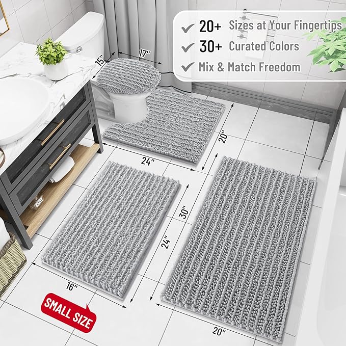Arotive Luxury Chenille Bathroom Rug Mat, Extra Soft Thick Absorbent Shaggy Bath Rugs, Non-Slip Machine Wash Dry, Plush Bath Mats for Bathroom, Shower and Tub, 70x46, Light Grey