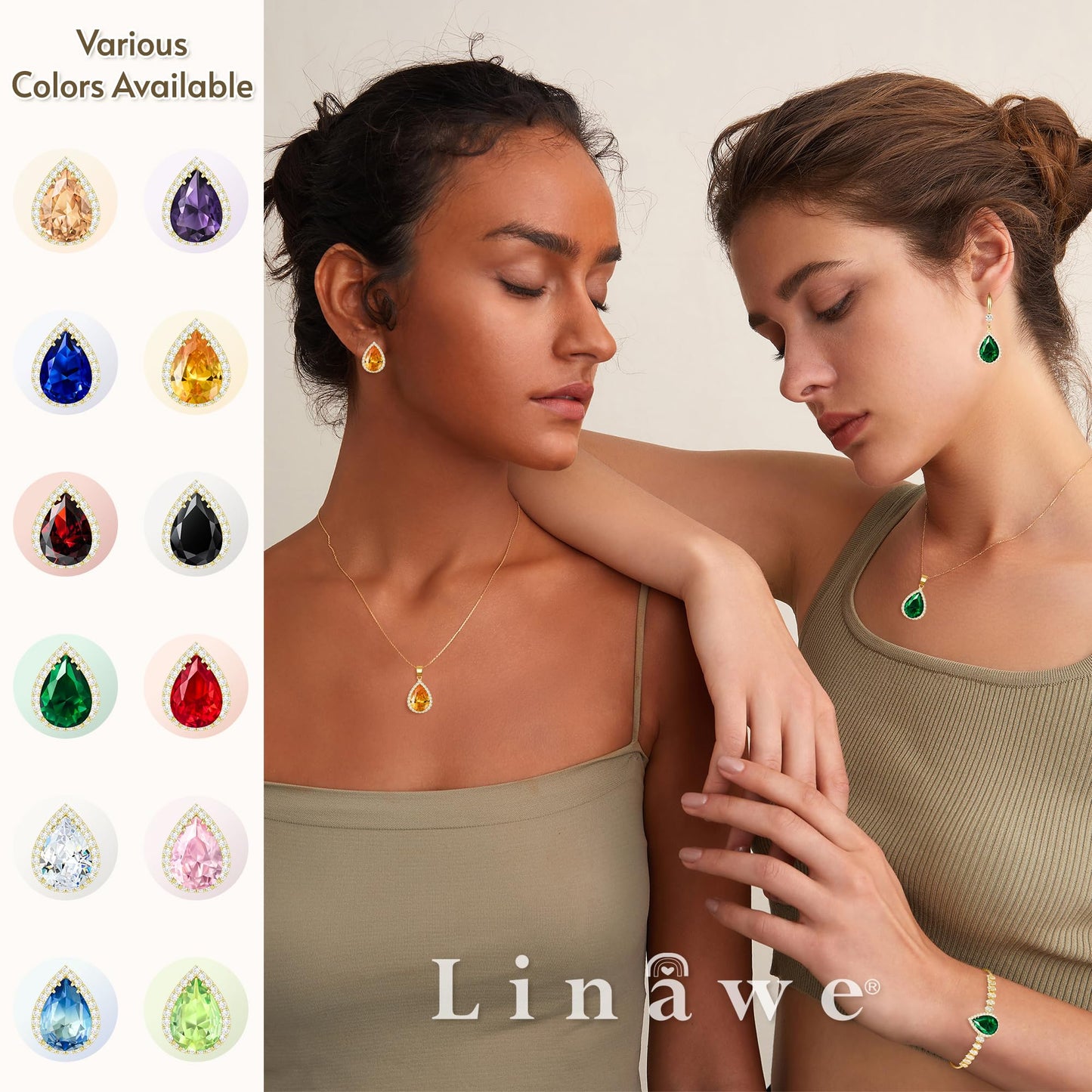 Linawe Fake Pink Crystal Pendant, KC Imitation Gold Plated Chain Imitation Diamond Cubic Zirconia Birthstone Rhinestone Teardrop Necklace, Bridal Wedding Bride Bridesmaids Jewelry Set