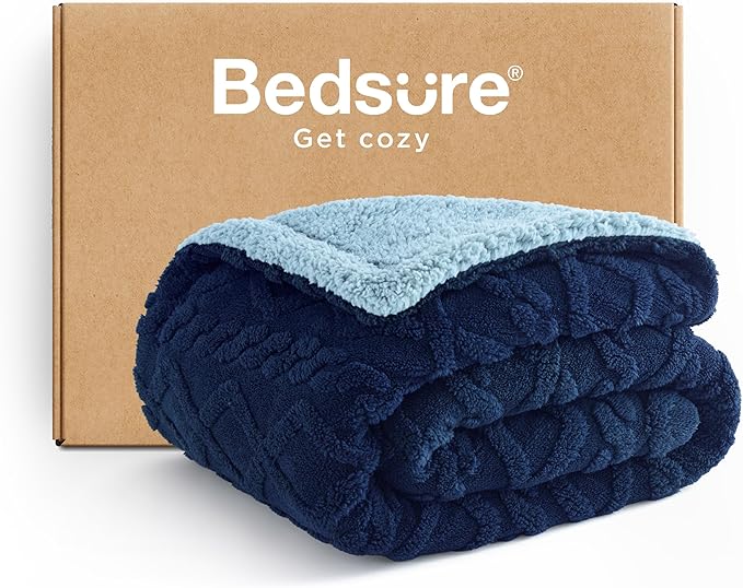 Bedsure Sherpa Fleece Throw Blanket for Couch - GentleSoft Fluffy & Cozy Cable Jacquard Tufted Throw for Women Gift, Thick and Warm Blankets for Winter, Navy, 50x60 Inches