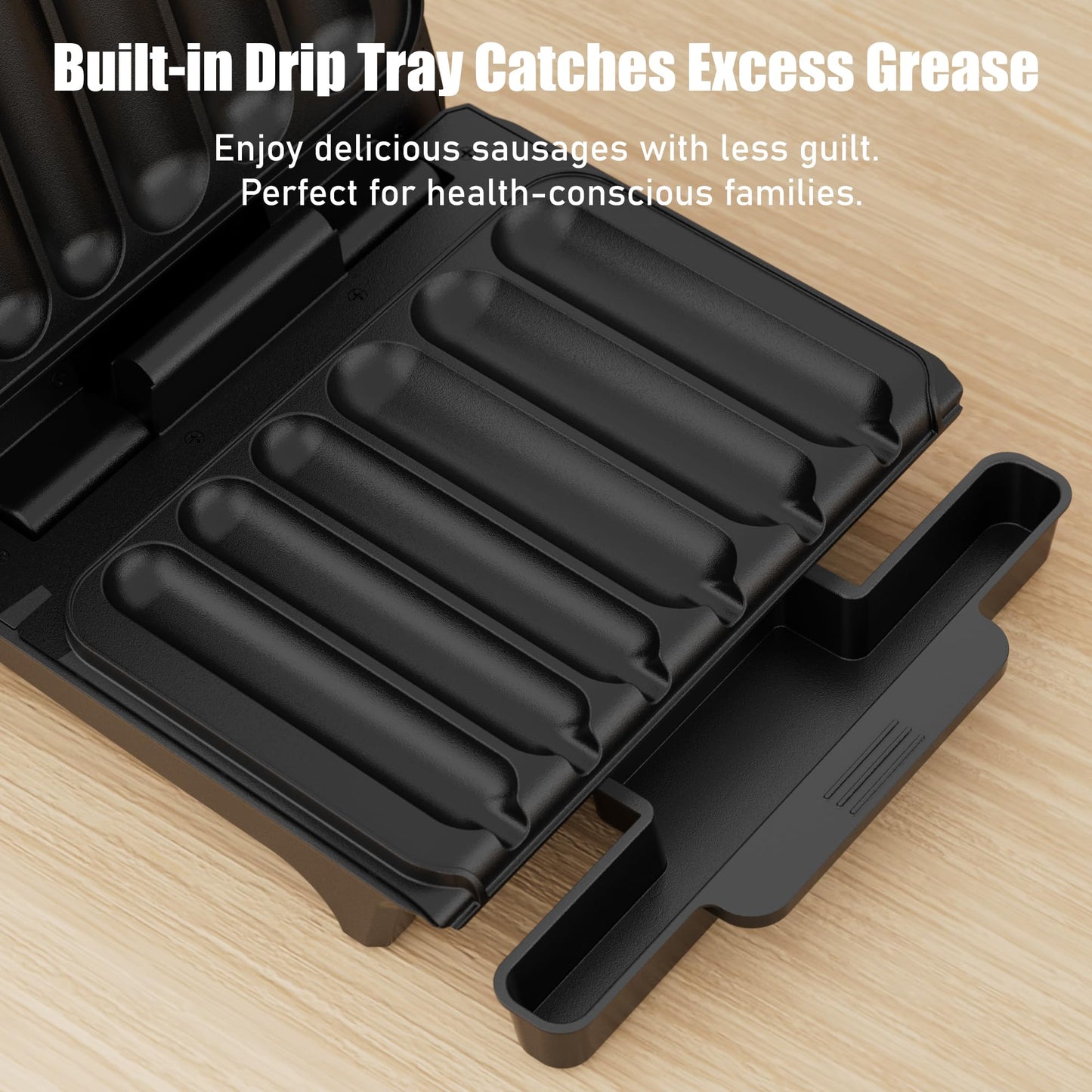KEINVE Hot Dogs Machine, Electric Grill with Oil Drip Tray, and Cord Storage, Ideal for Veggie Sausages, BBQ or Sausage, Nonstick Plate for Easy Clean
