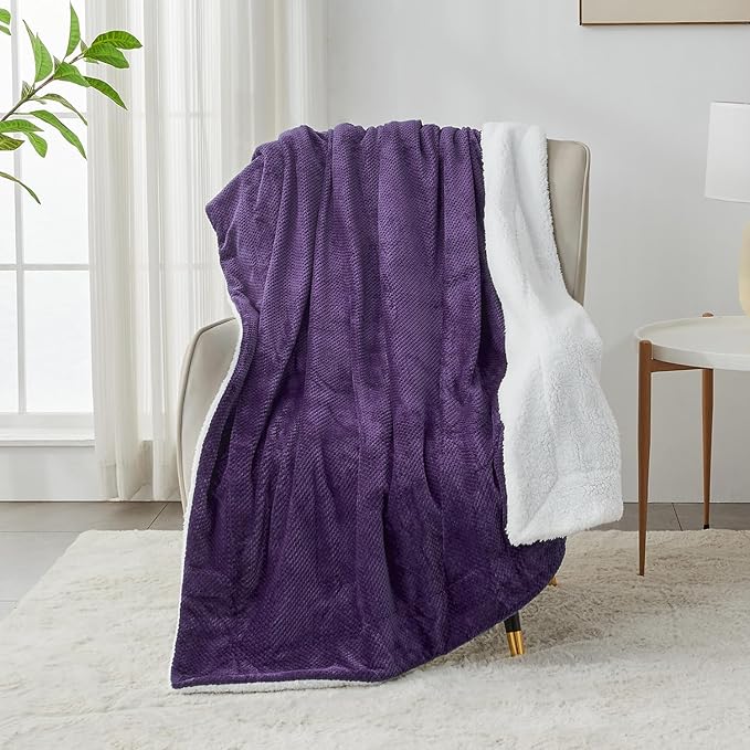 SOCHOW Waffle Sherpa Fleece Throw Blanket, Super Soft Fuzzy Warm, Lightweight Fluffy Reversible Plush Blanket for Bed Sofa Couch, 60 x 80 Inches Dark Purple