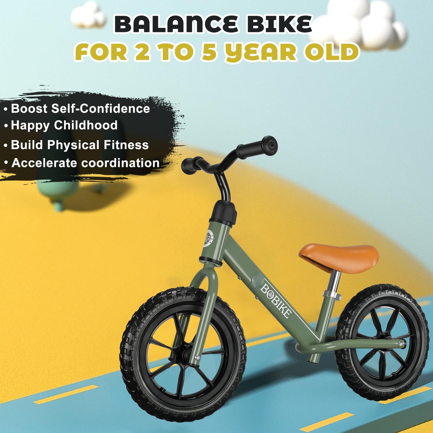 Bobike Toddler Balance Bike Toys for 2 to 5 Year Old Girls Boys Adjustable Seat and Handlebar No-Pedal Training Bike Best Gifts for Kids (Green)