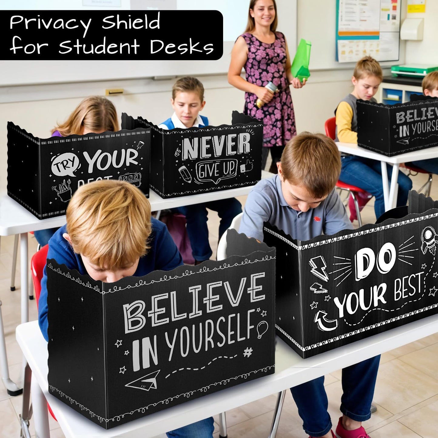 24-Pack Privacy Folders for Students Waterproof Durable Plastic Study Carrel Divider, Easy-to-Clean Classroom Desk Dividers Shield for School Teacher Supplies (Black)