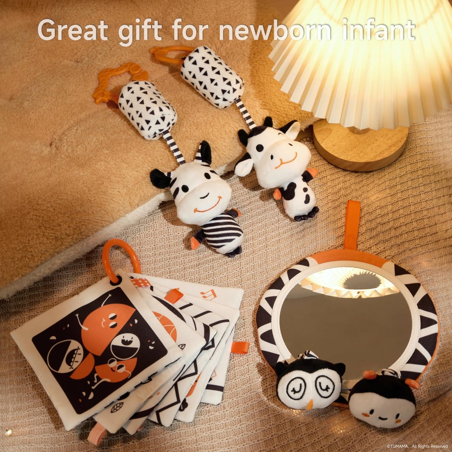 TUMAMA Black and White Baby Toys, High Contrast Tummy Time, Newborn Soft Books Mirror Rattles, Montessori Sensory 0-12 Months, Hanging Infant for Carseat Stroller Play Mat Crib