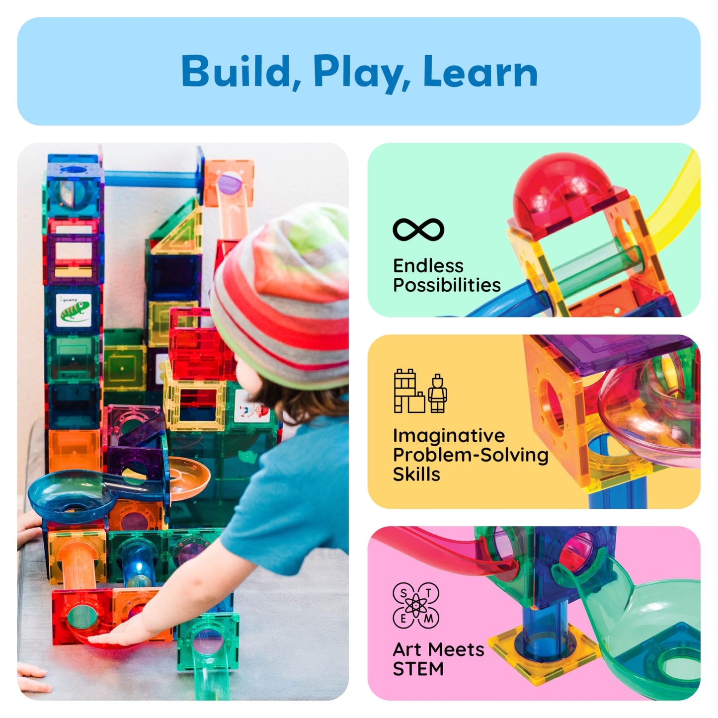 PicassoTiles 70pc Marble Run Magnetic Tiles STEM Set for Kids Ages 3 and Older Magnet Tile Marbles Maze Building Blocks Brain Development Toy Preschool Educational Learning Construction Playset PTG70