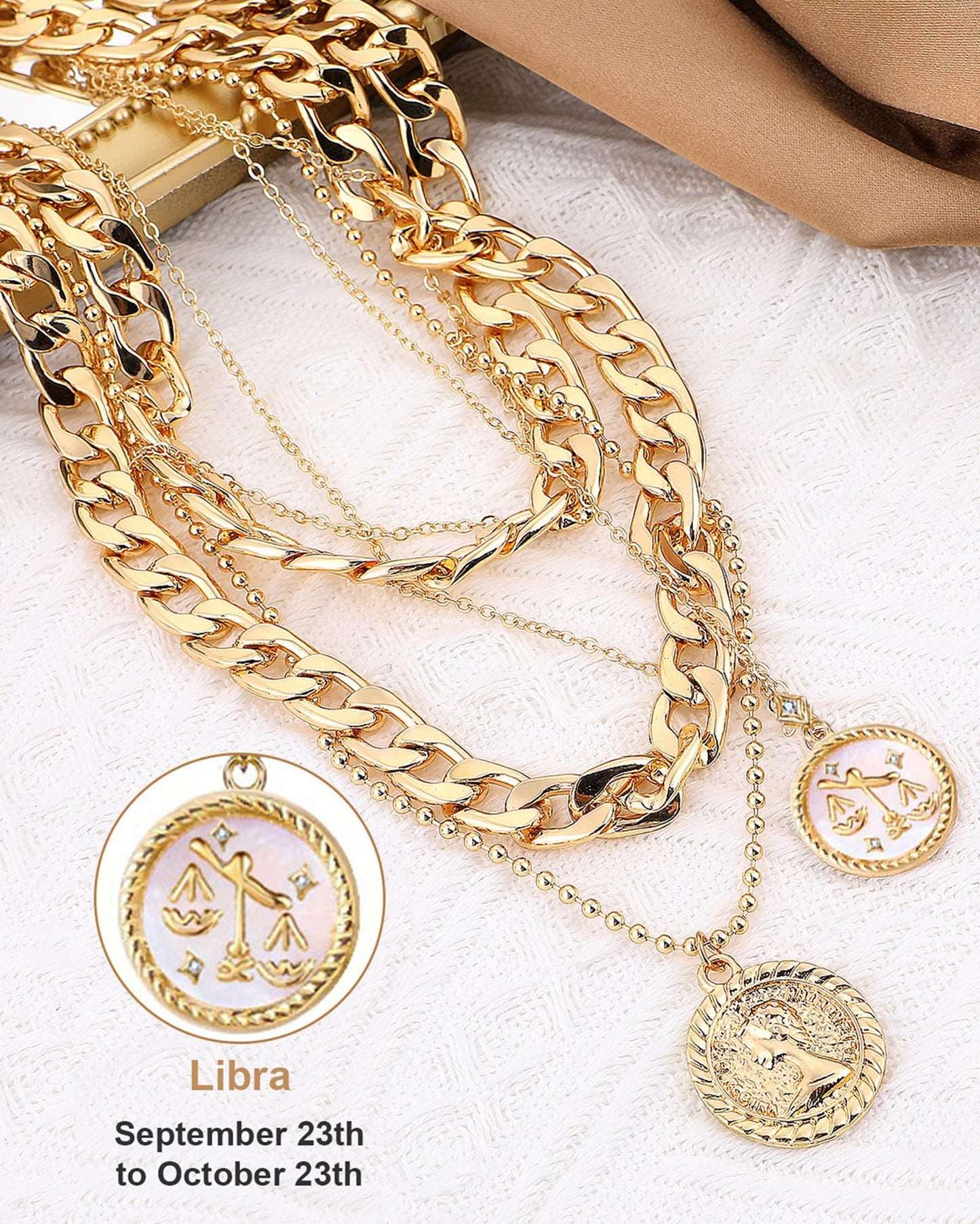 MJartoria Gold Layered Necklaces for Women Trendy Retro Coin Pendant Necklace Dainty Chunky Chain Choker Necklaces for Jewelry Birthday Gifts (Gold, Zodiac-Libra-3PCS Layered)