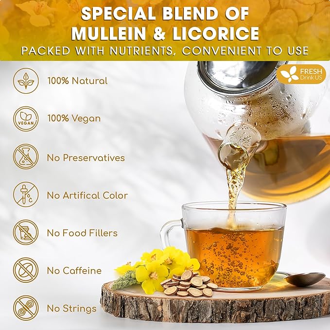 FreshDrinkUS, Premium 55 Mullein Licorice Tea Bags, 100% Natural, Blend of Mullein Leaves, and Licorice Root. Made with Natural Material Tea Bags. No Sugar, Vegan.