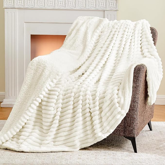 INFIIXSO Sherpa Throw Blanket for Couch - Super Soft & Warm Striped Fleece Blanket, Cozy Plush Fluffy Blanket All Season Use (Cream, 60x80 Inches)
