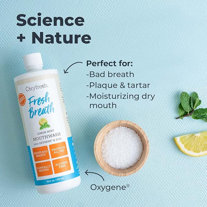 Oxyfresh Lemon Mint Fresh Breath Mouthwash – Bad Breath Treatment – SLS & Fluoride Free – Alcohol Free, Gentle Nonburning with Xylitol & Essential Oils – Pro Size Gallon 128 oz