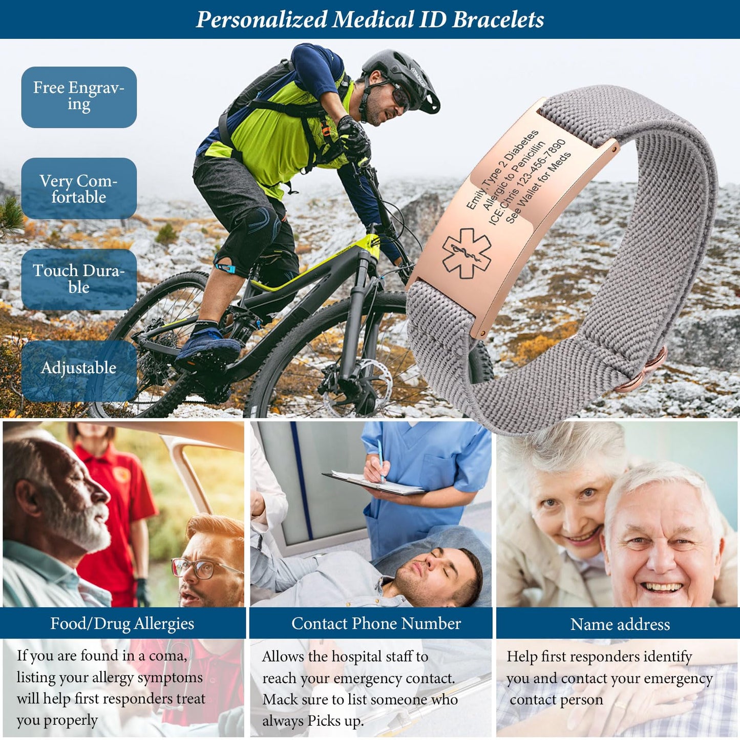 Medical Alert Id Bracelet for Women, No Needle or Bp This Arm Medical Alert Bracelets for Women Men Patients Stainless Steel Emergency Bracelets Wristband,Personalized Mens Life Health Alert Bracelet