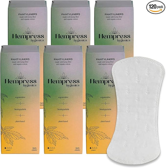 Hempress Panty Liners for Women, 120 Count, Feminine Care Organic Pads, Light Absorbency Comfortable Discreet Pantiliners, Cotton Menstrual Sanitary Napkins, Fragrance Free, Skin Friendly & Breathable