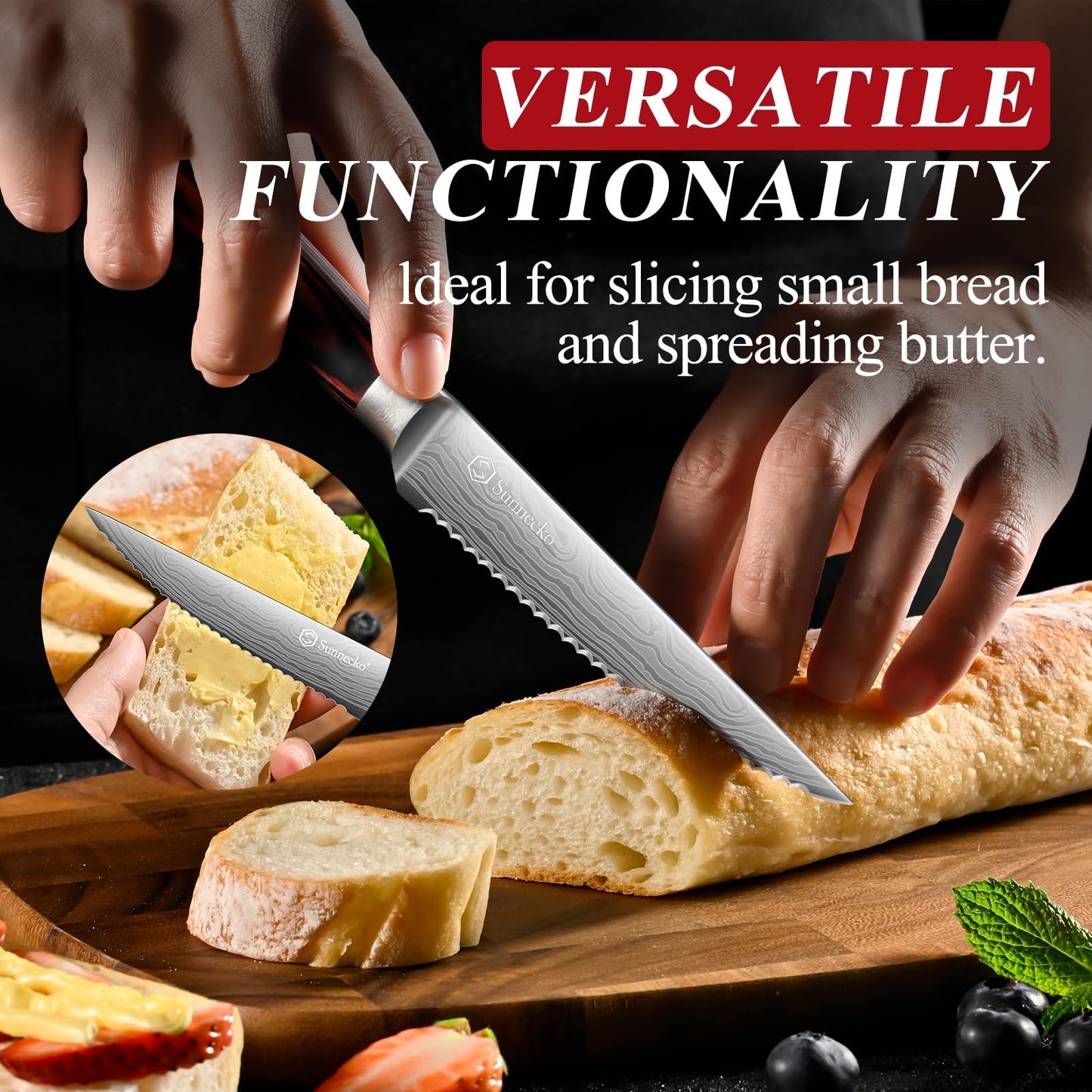 Sunnecko Razor-Sharp Steak Knives Set of 4,Premium Stainless Steel Serrated Steak Knife Set,Pakkawood Handle 4.5 Inch Kitchen Steak Knife with Gift Box