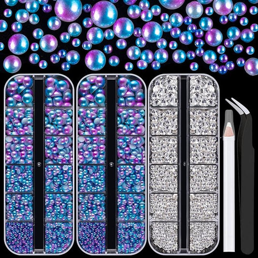 4000PCS Flatback Rhinestones and Half Round Pearls Kit #22, Multi Size Glass Clear Crystals, Plastic Flat Back Blue Mermaid Dome Bead with Pickup Pencil and Tweezer for Nail Art