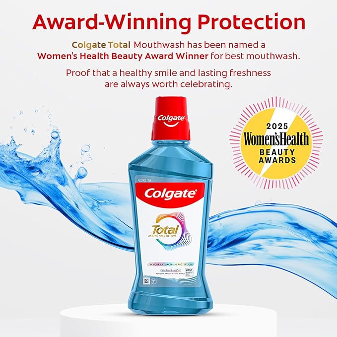 Colgate Total Alcohol Free Mouthwash, Peppermint for Bad Breath, Helps Prevent Gingivitis and Plaque, 3 Pack, 33.8 Oz Each