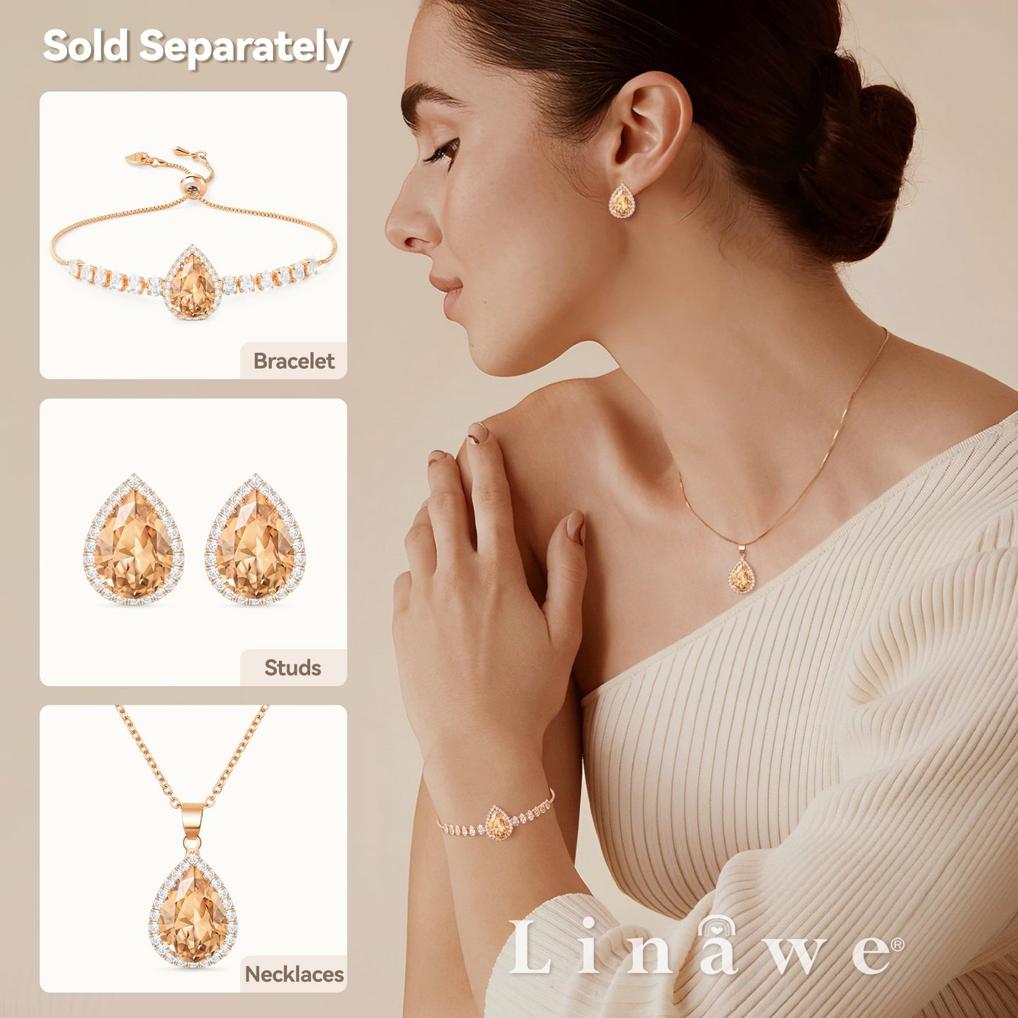Linawe Rose Gold Color Stud Earrings for Women Trendy, Champagne Orange Rhinestone CZ Cubic Zirconia Birthstone Tear Drop Gem Stone Earrings Stud, Pear Shaped Birthstone Costume Jewelry