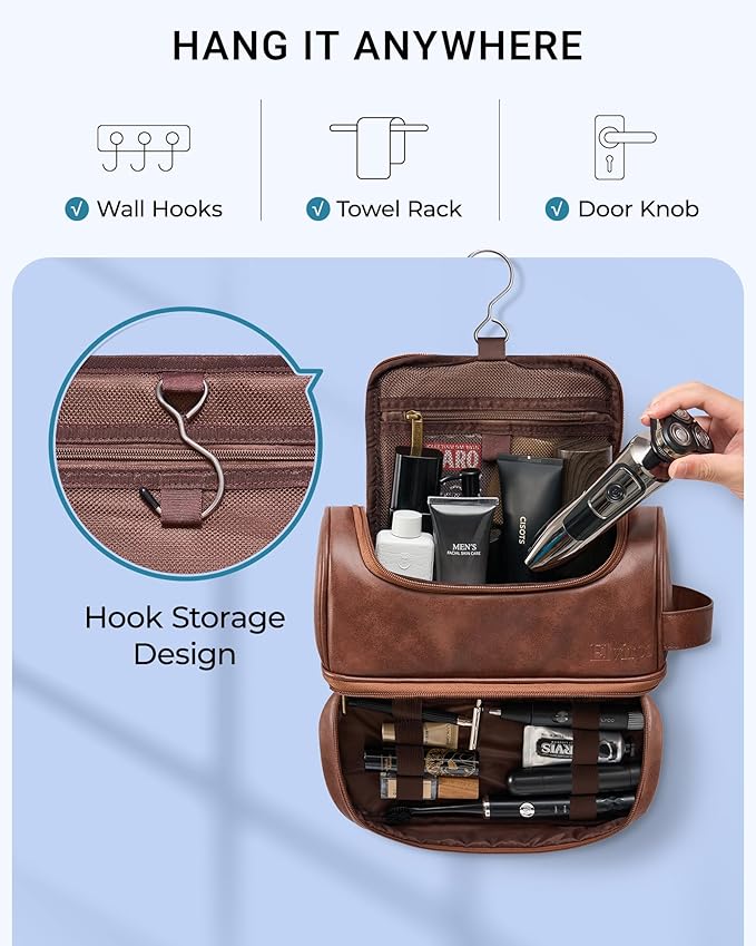 Elviros Toiletry Bag for Mens PU Leather Travel Organizer Kit with Hanging hook, Large Water-resistant Toiletries Bathroom Shaving Bag, Gift For Men (Dark Brown)