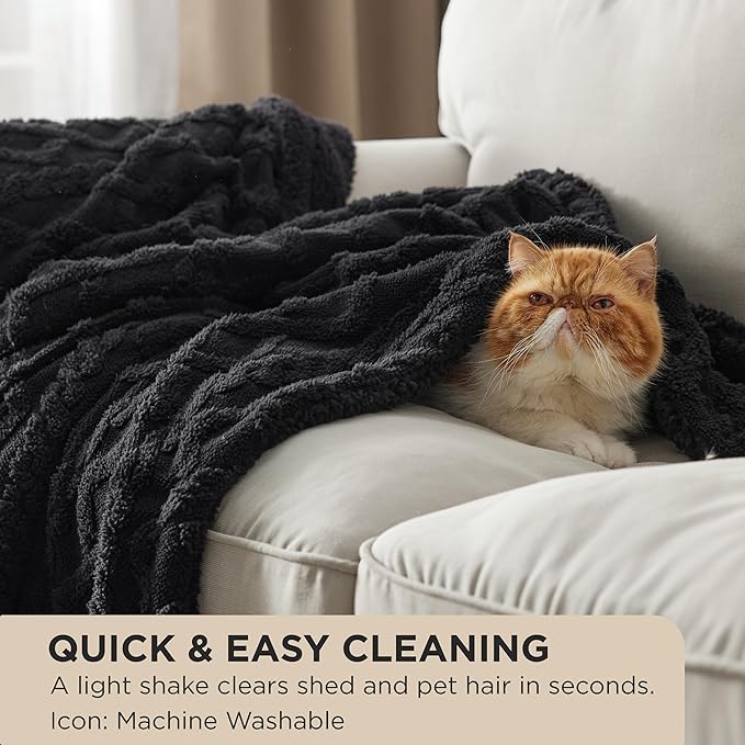 Bedsure Sherpa Fleece Blanket Twin Size for Bed - GentleSoft Fluffy & Cozy Cable Jacquard Tufted for Women Gift, Thick and Warm Blankets for Winter, Black, 60x80 Inches