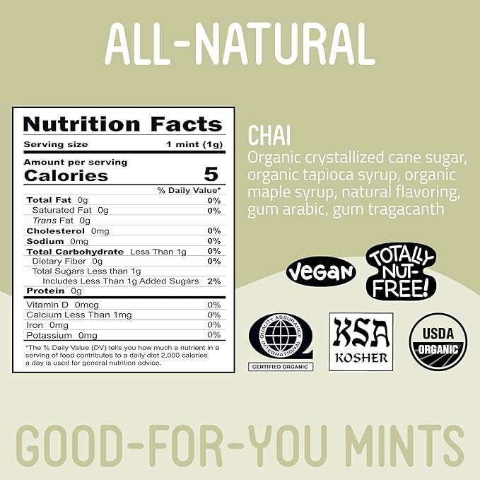 VerMints Organic Breath Mints - Real, Lasting Chai Flavored Pastilles - Breath Fresheners in Travel Mint Tins - Non-GMO, Nut Free, Gluten Free, Kosher & Vegan Candy - .63oz/18g (Pack of 12)