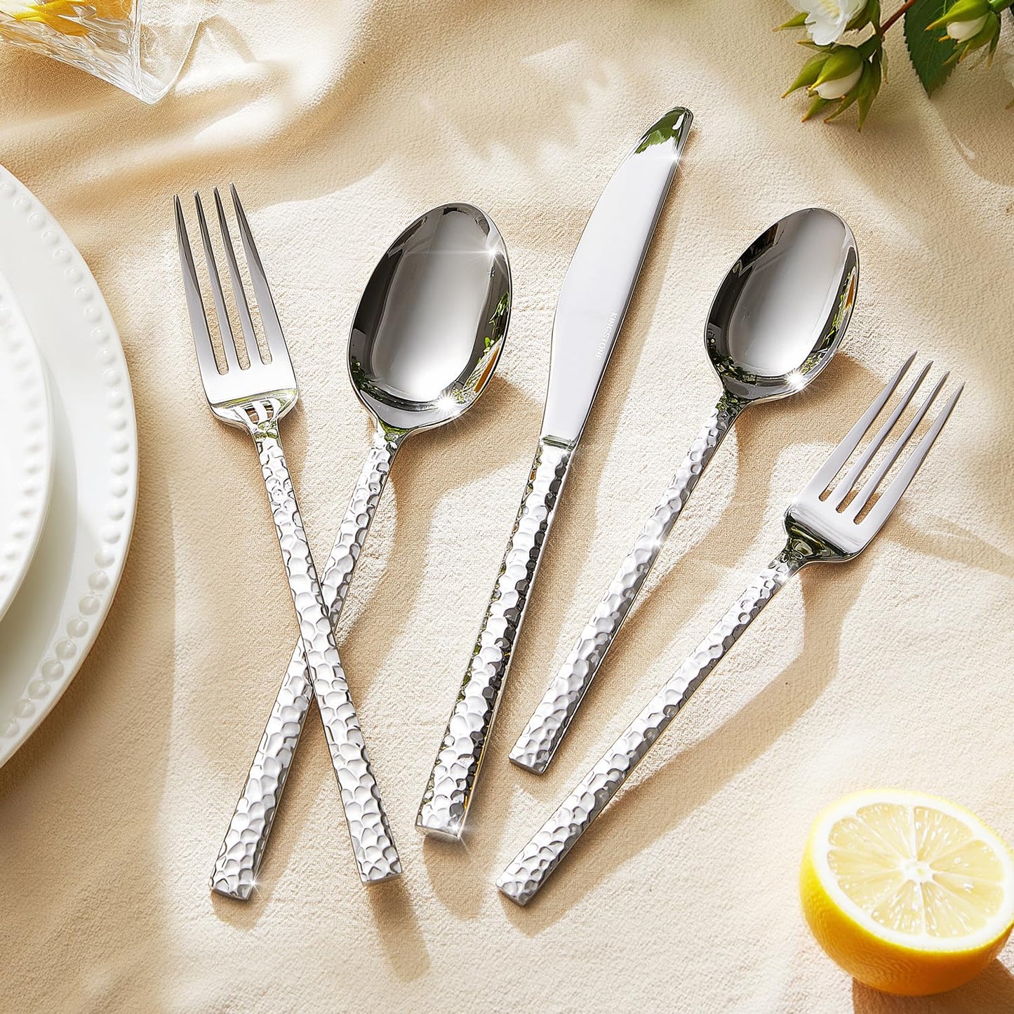 KINGSTONE 40 Piece Hammered Silverware Set, 18/10 Stainless Steel Flatware Set for 8, Cutlery Set for Home, Party, Wedding, Mirror Polished Dishwasher Safe