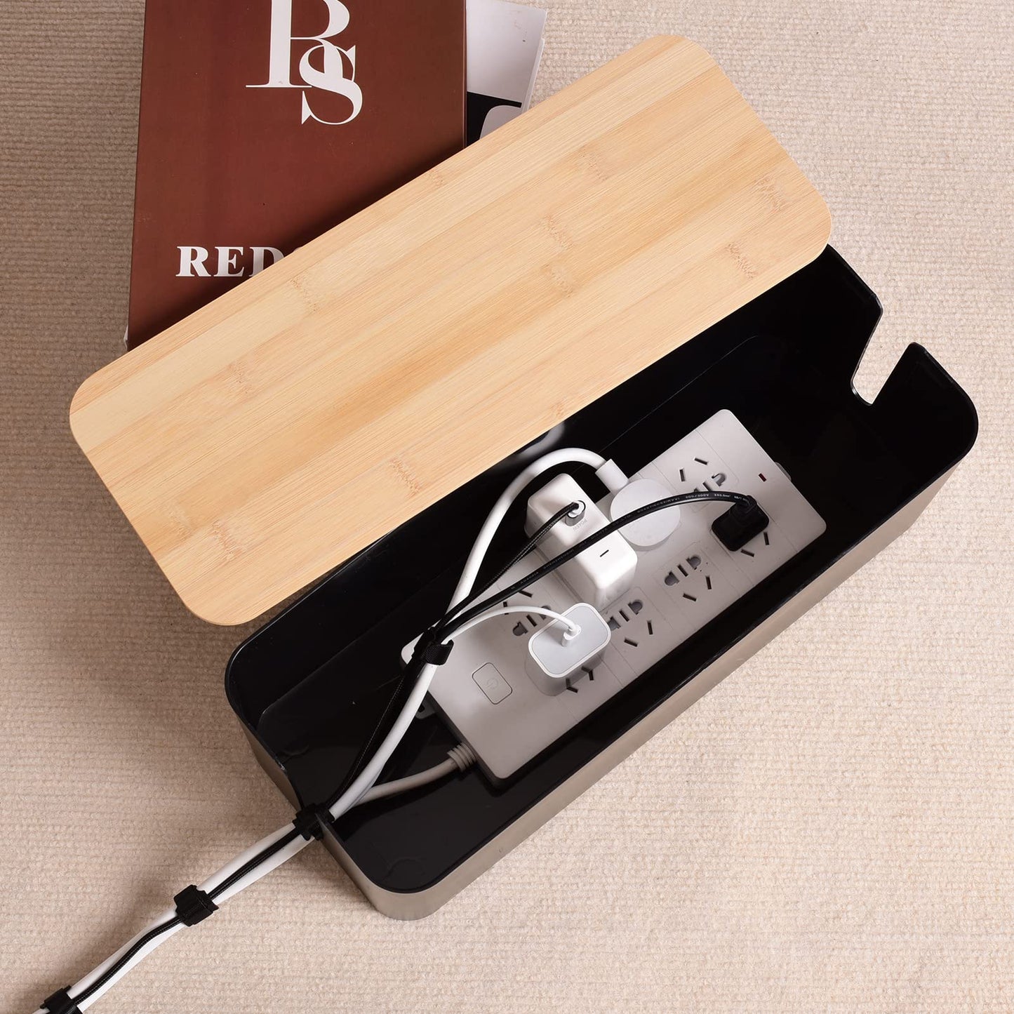 Cable Management Box - Wooden Style Large Cord Organizer to Hide Wires & Power Strips | Desk Computer Cable Organizer | Safe ABS Material | 16" (L) x 6.2" (W) 5.3" (H) | for Home & Office - Black