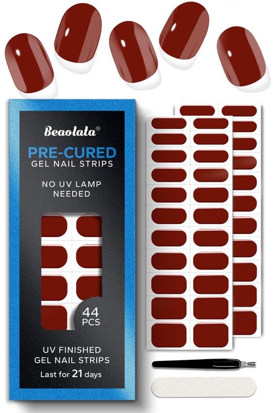 Beaolata Real Gel Nail Strips (No UV Light Needed) - 44Pcs Salon Quality Nail Stickers - Long Lasting Polish Wraps for Women, Easy Apply & Remove (Red Berries)