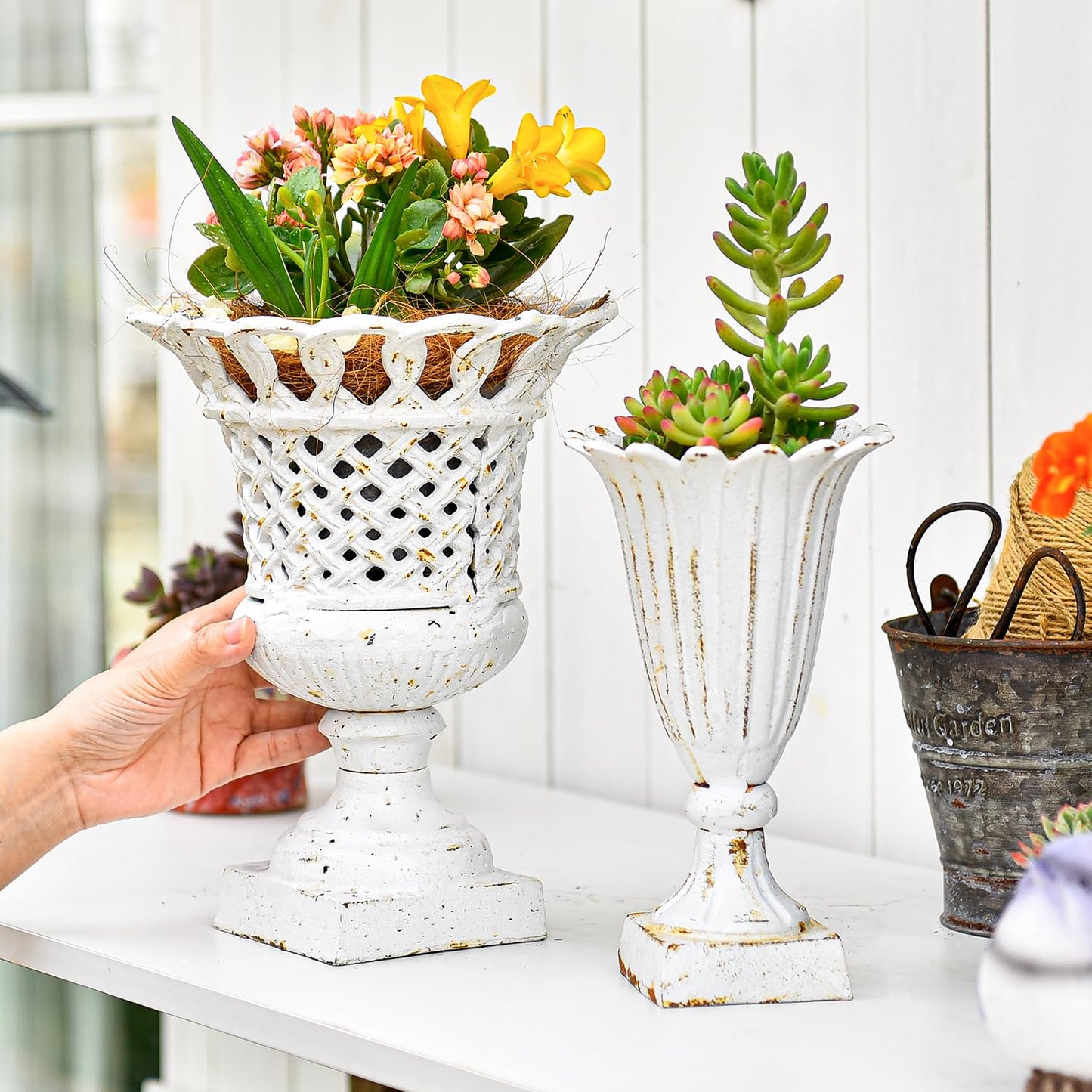 Sungmor Heavy Duty Cast Iron Urn Planter, Beautiful Hollow Trophy Design Tall Orchid Flower Pot, Large Decorative Plastic Flowers Plants Bouquets Vase, Rustic French Country Pot for Home or Garden