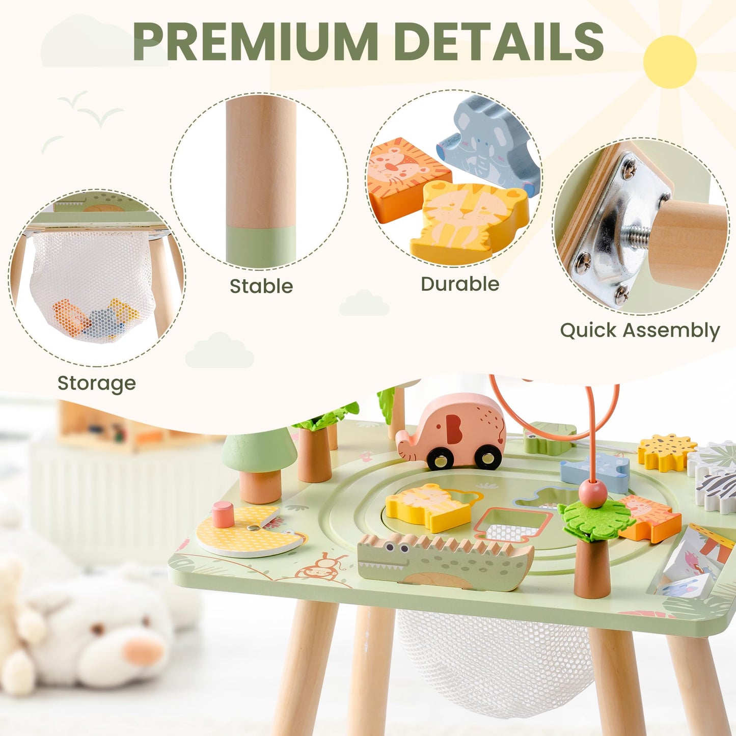 ROBUD Activity Table, 11-in-1 Montessori Learning Table with Bead Maze, Gears, Track, Shape Matching, Storage & More, Wooden Montessori Toys for Toddler, Educational Gift for Baby Boys Girls, Green