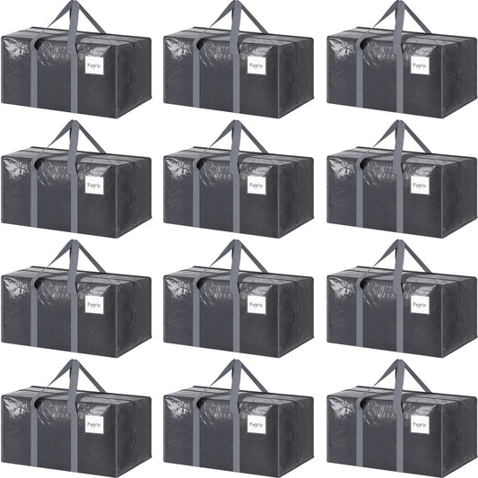 12 Pack Extra Heavy Duty Large Moving Bags with Strong Zipper & Comfortable Handles, Sturdy & Durable Clothes Storage Bags Totes Bins, Packing Moving Boxes for College Supplies, Gray
