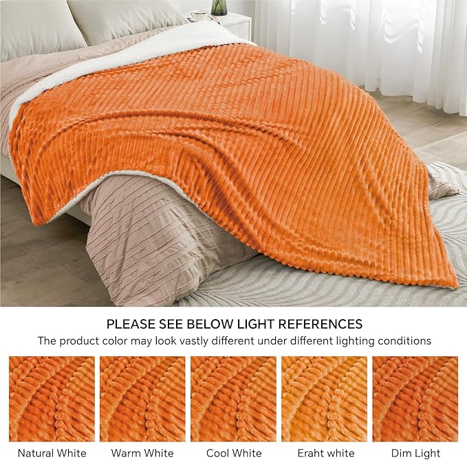 INFIIXSO Sherpa Fleece King Size Blanket - Super Soft & Warm Striped Fleece, Cozy Plush Fluffy Large Bed Blanket All Season Use (Burnt Orange, 104x90 Inches)