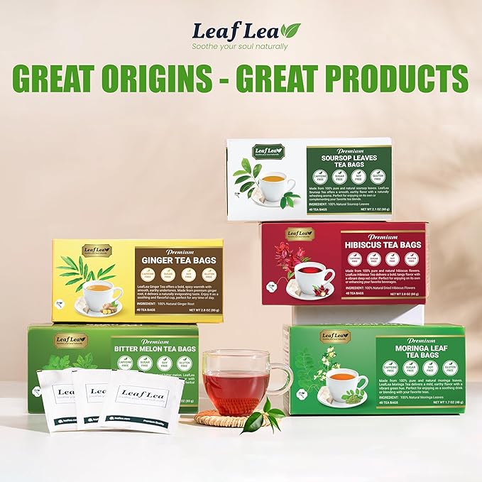 LeafLea 120 Ginger Tea Bags, 100% Pure Ginger Root Herbal Tea, Spicy & Warming Flavor, Supports Digestion & Immune Health, Individually Wrapped, Caffeine-Free, Sugar-Free, Gluten-Free, Non-GMO, Vegan